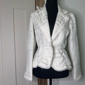 True Meaning White Tweed Blazer Raw Hem Fitted Y2K Black White Cream